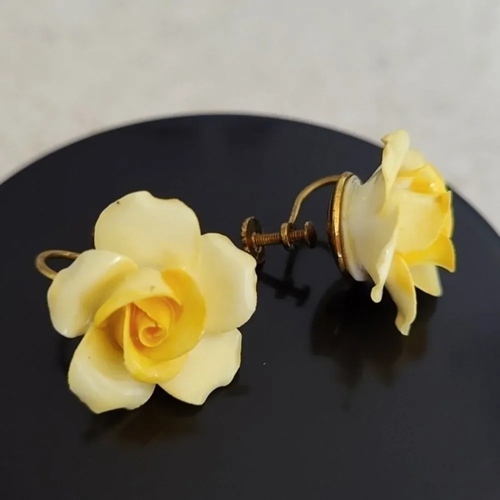 Vintage 1950s-60s Denton England Bone China,Yellow Rose Screw Back Earrings